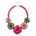 Bohemian acrylic flower necklace with vibrant pink and green floral resin charms - Plum Green Khaki