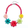 Bohemian floral acrylic necklace with colorful resin flowers and red chunky chain link - Rainbow