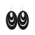 Elegant black triple-layered oval acrylic drop earrings with silver metal hooks - Oval Nested Design (EH00036) / Black