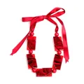 Artistic red acrylic necklace with marble textured blocks and a satin ribbon bow - Red Marble Resin Pendant with Satin Ribbon (XL00186)
