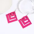 Rose pink acrylic geometric square earrings with a triple-layered nested structure - Square Nested Design (EH00040) / Rose Red