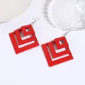 Statement red acrylic square drop earrings with triple-layered hollow geometric frames - Square Nested Design (EH00040) / Red