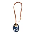 Collar étnico de acrílico azul con incrustaciones de nácar y cordón marrón - Colgante Ovalado Azul Oscuro con Incrustación de Concha (XL00035)