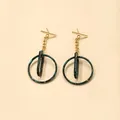 Geometric gold stud earrings with dark green marble acetate circular drop pendants - Dark Green Style(EH00151)