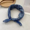 French vintage dark blue square cotton scarf with white leaf and geometric prints - Navy Porcelain Pattern