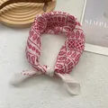 Detail of red and white cotton linen square scarf with vintage totem patterns and fine edging - Red Porcelain Pattern