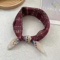 Burgundy silk-like square scarf with bohemian geometric patterns and satin finish - Wine Red Small Plaid