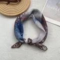 Vintage checkered cotton linen square scarf for women in blue and brown floral print - Coffee Floral