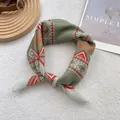 Olive green bohemian silk scarf with ethnic geometric print on a textured white background - 58*58cm / Green