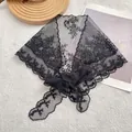 Elegant black lace triangular scarf with floral embroidery and bow knot on soft fur - Black