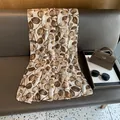 Detailed close-up of vintage floral gold stamping pattern on lightweight silk shawl scarf - 180*70cm / Coffee