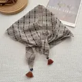 Retro plaid cotton linen triangle scarf with dark brown tassels and soft texture - Khaki