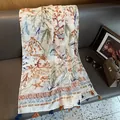 Chal de algodón y lino con estampado de coral marino, caballitos de mar y borlas - 180x90 / café