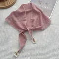 Detail of pink floral triangle scarf with white lace trim and handmade flower tassels - Pink