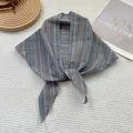 Striped knit triangle scarf with multi-color vertical patterns for versatile styling - 100*30cm / Azure Blue
