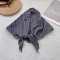 Detailed view of vintage striped triangle scarf with rich woven texture and hemmed edges - 100*30cm / Navy Blue