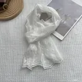 Elegant French lace scarf for women featuring white floral embroidery and scalloped edges - 140*19cm / Off White
