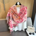 Elegant pink floral shawl with silk fringe for beach sun protection and summer travel - One Size / Red