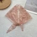 Pink floral lace embroidery triangle headscarf for women with scalloped edges - Pink