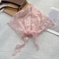 Detailed view of light pink floral lace scarf with embroidery and scalloped edges - 30x126cm / Pink