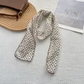 Detail of vintage floral cotton linen skinny scarf with brown wavy stitched edges - Lattice Beige