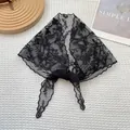 Close-up of black floral lace embroidery triangle headscarf with wavy edges - Black