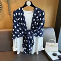 French retro style navy blue scarf with white polka dots paired with accessories - Navy Blue