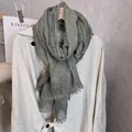 Moss green linen cotton scarf with elegant crochet lace edges for sun protection - Olive Green