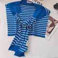 Detailed knit texture of blue and white nautical striped scarf shawl with side label - Shawl / Striped Indigo