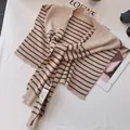 Classic striped knit shawl wrap with beige and brown stripes for women's layering - Oatmeal