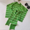 Detail of green and white striped knit shawl featuring a ribbed collar and soft texture - Tea Green