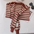 Detail of classic brown and beige striped knitted shawl wrap with brand woven label - Caramel color