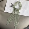 Detailed embroidery on light green lace skinny scarf with delicate wavy edges - Green