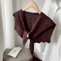 Dark brown knit hollow shawl with intricate lace patterns and tie-up neckline - Dark Coffee