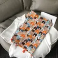 Pañuelo ligero de algodón y lino con lindos estampados de gatos y borlas para mujer - Borde de flecos / Estampado de Gato Colorido