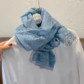 Light blue floral lace cotton scarf for women styled on a white shirt with elegant finish - One Size / Blue