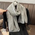 Elegant light gray floral cotton linen scarf with delicate white lace trim for women - One Size / Gray