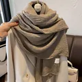 Coffee brown pleated cotton linen scarf with vintage texture and brand tag for autumn - Khaki