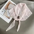 Detail of pink lace hair scarf with white floral butterfly embroidery and wavy edges - 28*115cm / Pink
