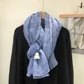 Long light blue pleated cotton linen scarf with vintage tie-dye texture for women - Blue