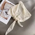 Detail of beige lace triangle scarf showing delicate floral embroidery and scalloped edges - 28*115cm / Off White