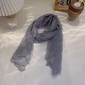 Detailed lace scarf in grey-purple with floral embroidery and white pearl accents - Light Blue