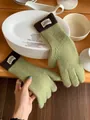 Detail of avocado green knit gloves with brown ribbed cuffs and white fabric brand label - Green