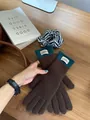 Close-up of winter knit gloves with dark brown body and contrast blue ribbed cuffs - Coffee