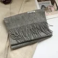 Detail of grey 100% pure wool scarf with soft tassels on premium knit texture - 180*30cm / Light Gray