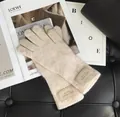 Beige Strickhandschuhe aus Wolle mit Rippbündchen und edlem Leder-Markenlabel - Gebrochenes Weiß