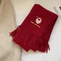 Festive red Christmas scarf with Santa embroidery and Merry Christmas text for winter warmth - Red Santa Claus
