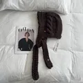 Deep brown chunky knit balaclava with side cable patterns and long straps - Coffee