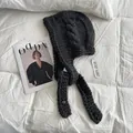 Detail of chunky knit dark grey balaclava hat with cable stitch pattern and heart charm - Gray