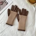 Detail of winter knit gloves with color-block design and golden metal button accent - Coffee And Apricot